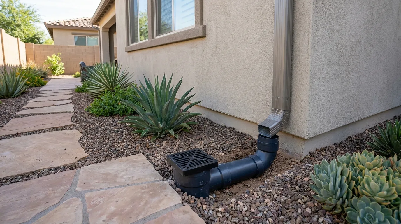 Buried drain line connected to a downspout in a Chandler yard