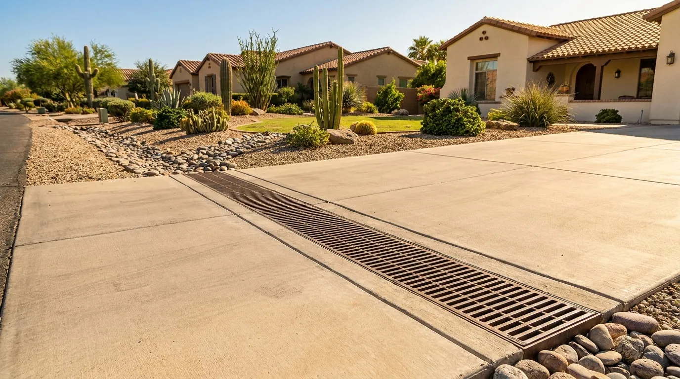 Channel drain across a Chandler driveway diverting storm runoff