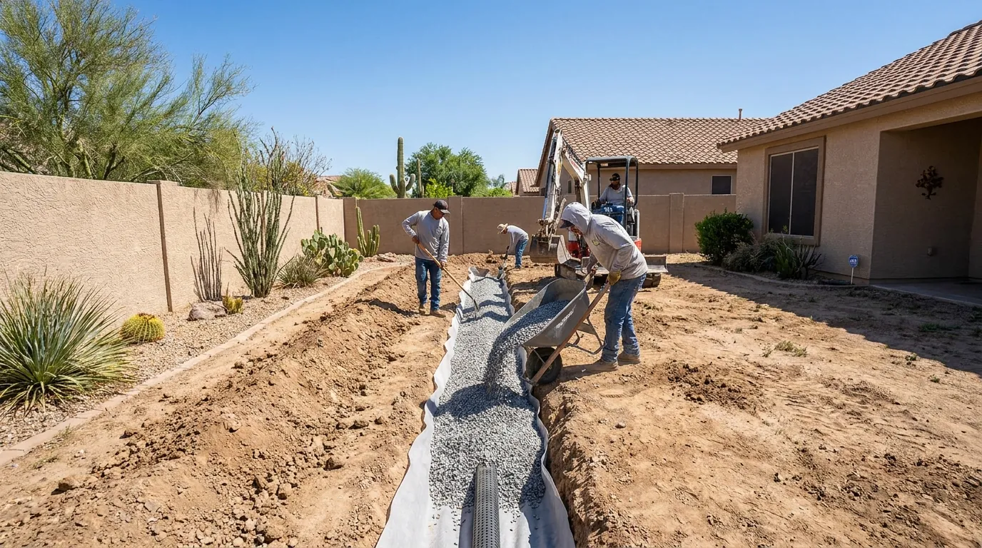 Gravel-filled french drain trench with perforated pipe in a Chandler yard