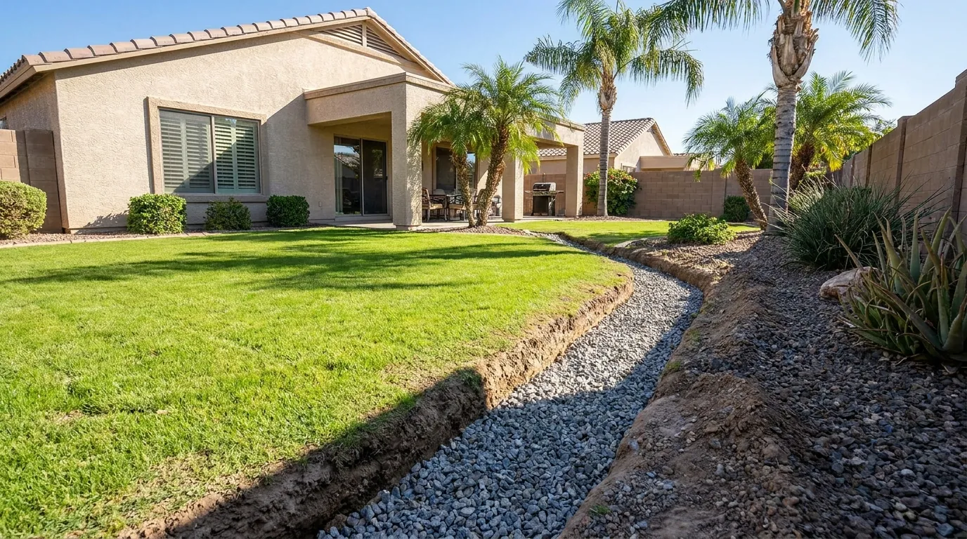 A gravel-filled french drain trench running across a Chandler back yard