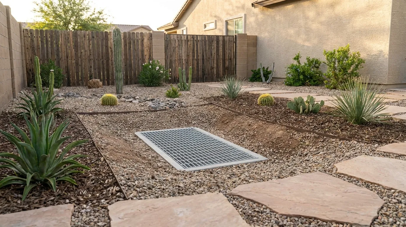Grated catch basin set into a low spot in a Chandler back yard