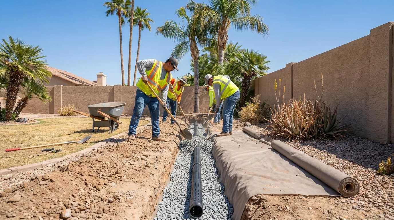 A new gravel and perforated pipe french drain being installed in a Chandler backyard