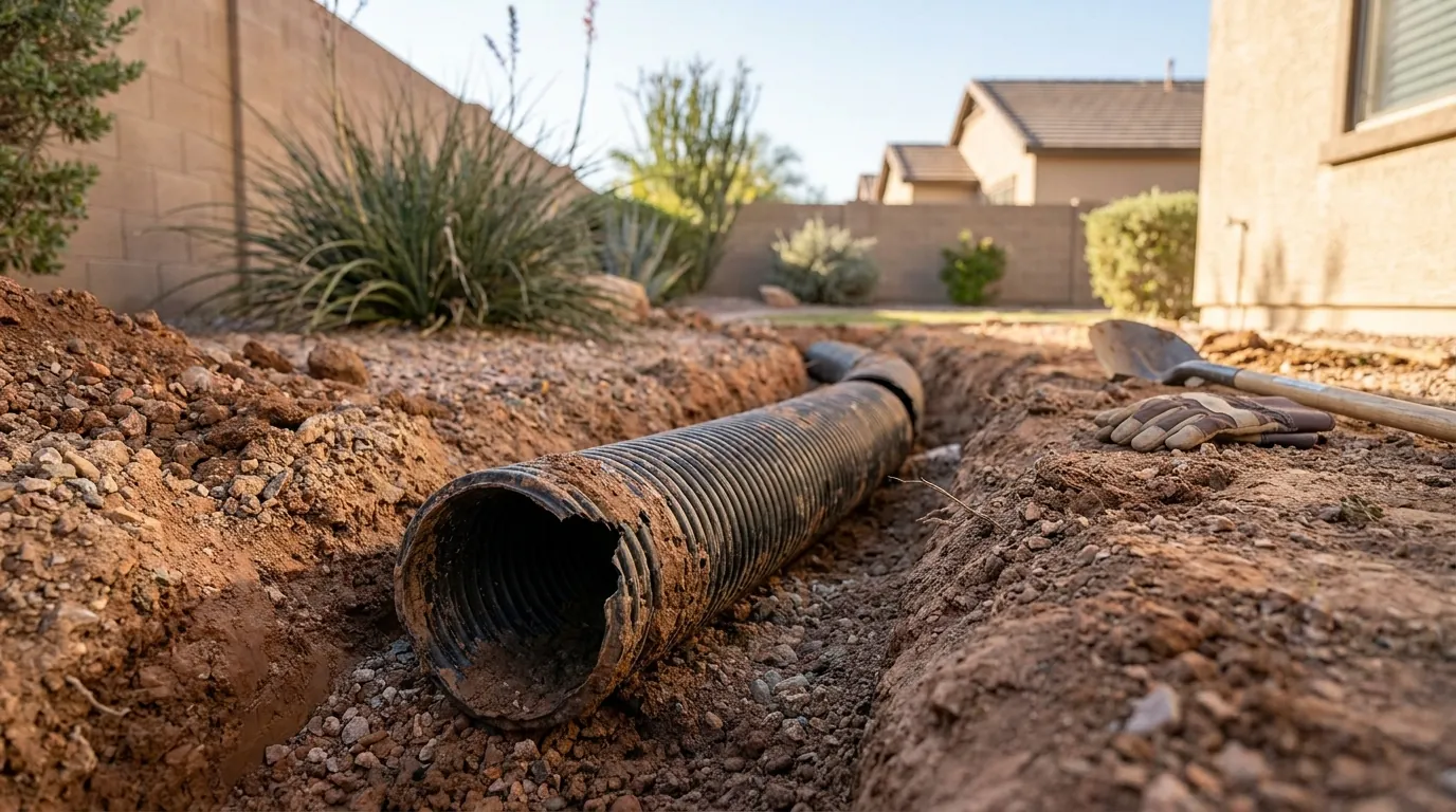 A dug-up section of failed french drain pipe in a Chandler yard