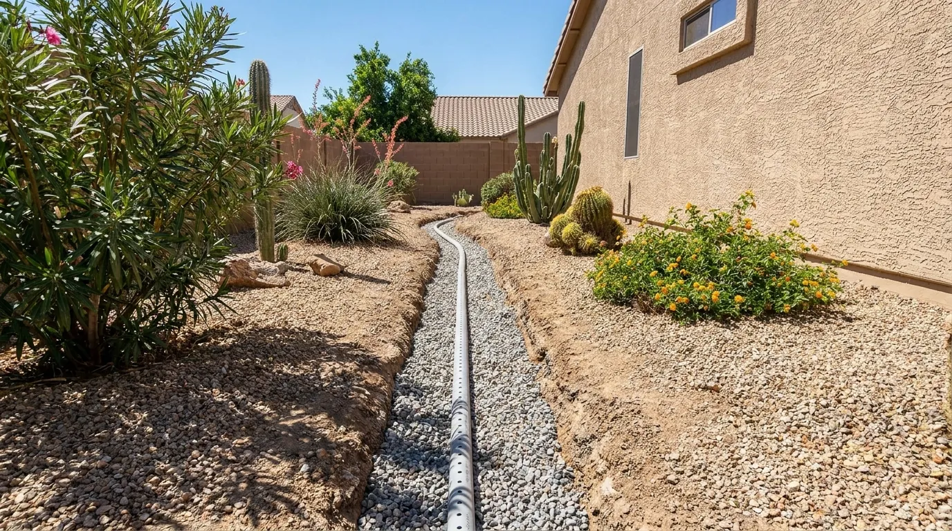 Mature Tempe, AZ backyard with standing water near a patio