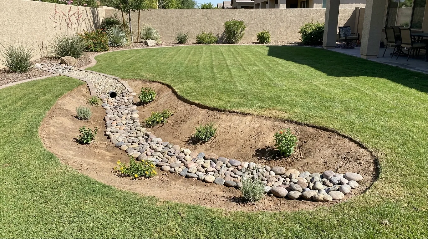 Graded backyard swale channeling water away from a Chandler home